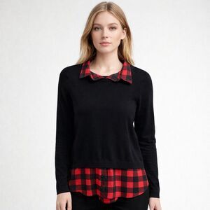Adrianna Papell Sweater Womens Medium Black Plaid Layered Look Collared Top